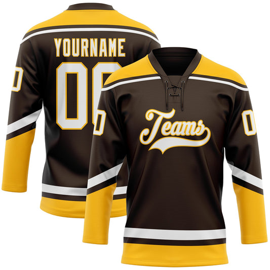 Custom Brown White-Gold Hockey Lace Neck Jersey - Sky-Custom