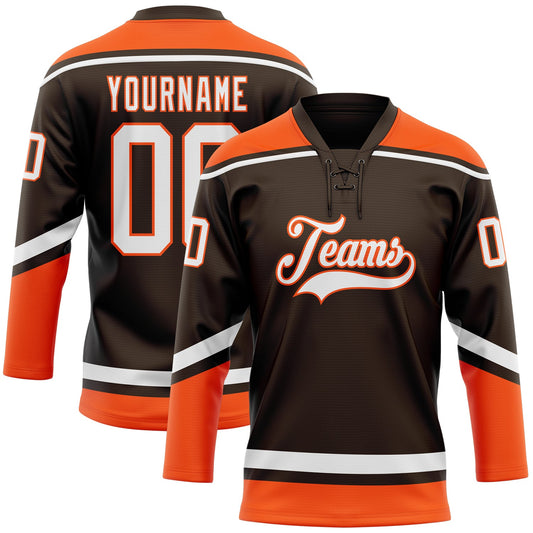 Custom Brown White-Orange Hockey Lace Neck Jersey - Sky-Custom