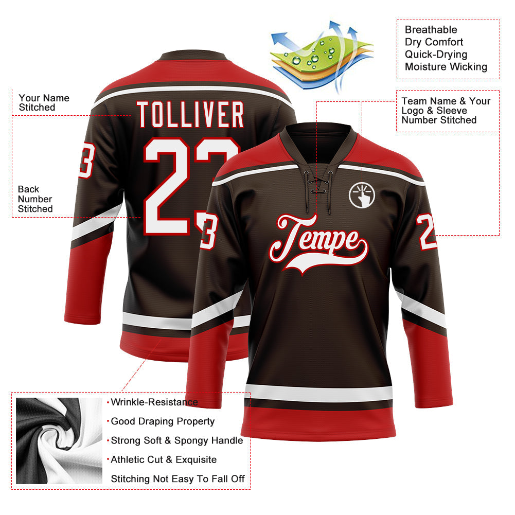 Custom Brown White-Red Hockey Lace Neck Jersey - Sky-Custom