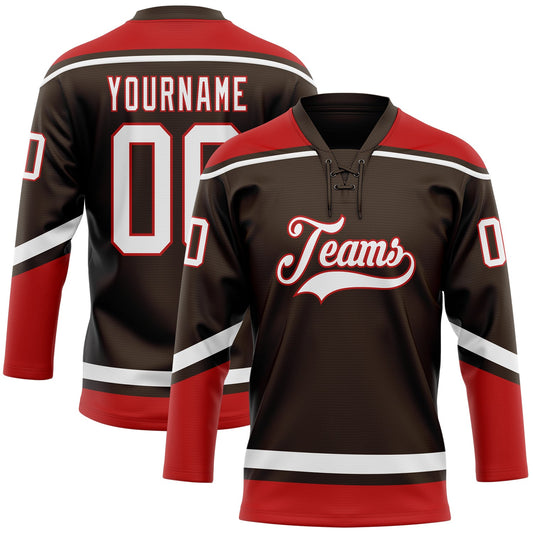 Custom Brown White-Red Hockey Lace Neck Jersey - Sky-Custom