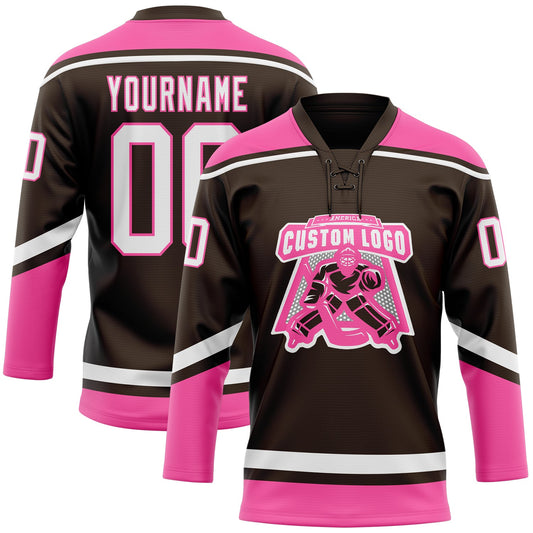 Custom Brown White-Pink Hockey Lace Neck Jersey - Sky-Custom