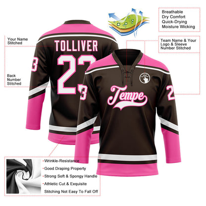 Custom Brown White-Pink Hockey Lace Neck Jersey - Sky-Custom