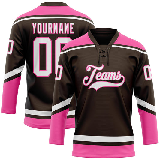 Custom Brown White-Pink Hockey Lace Neck Jersey - Sky-Custom