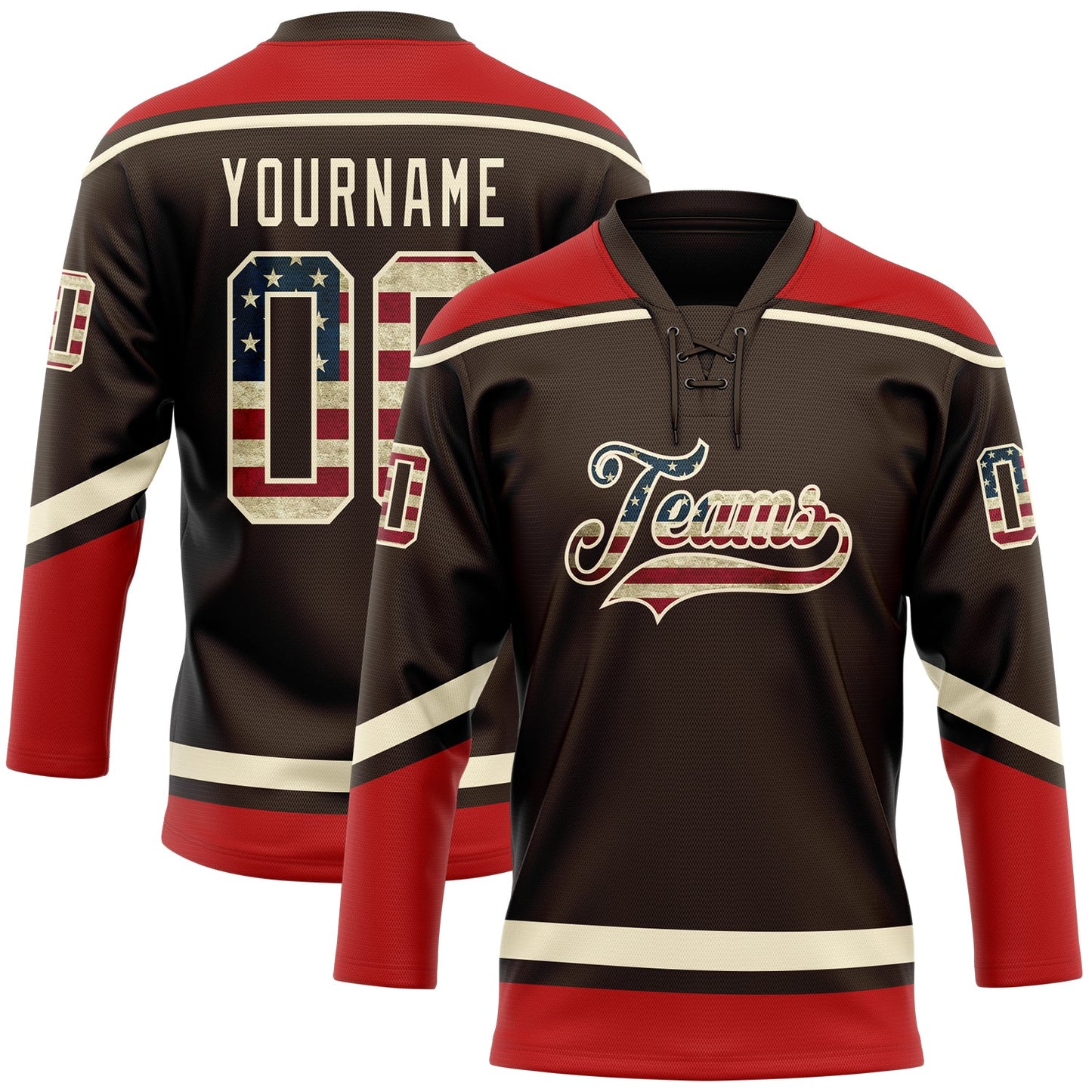 Custom Brown Vintage USA Flag Cream-Red Hockey Lace Neck Jersey - Sky-Custom