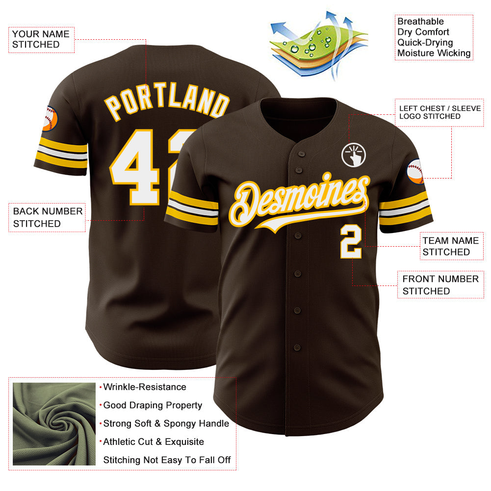 Custom Brown White-Gold Authentic Baseball Jersey - Sky-Custom