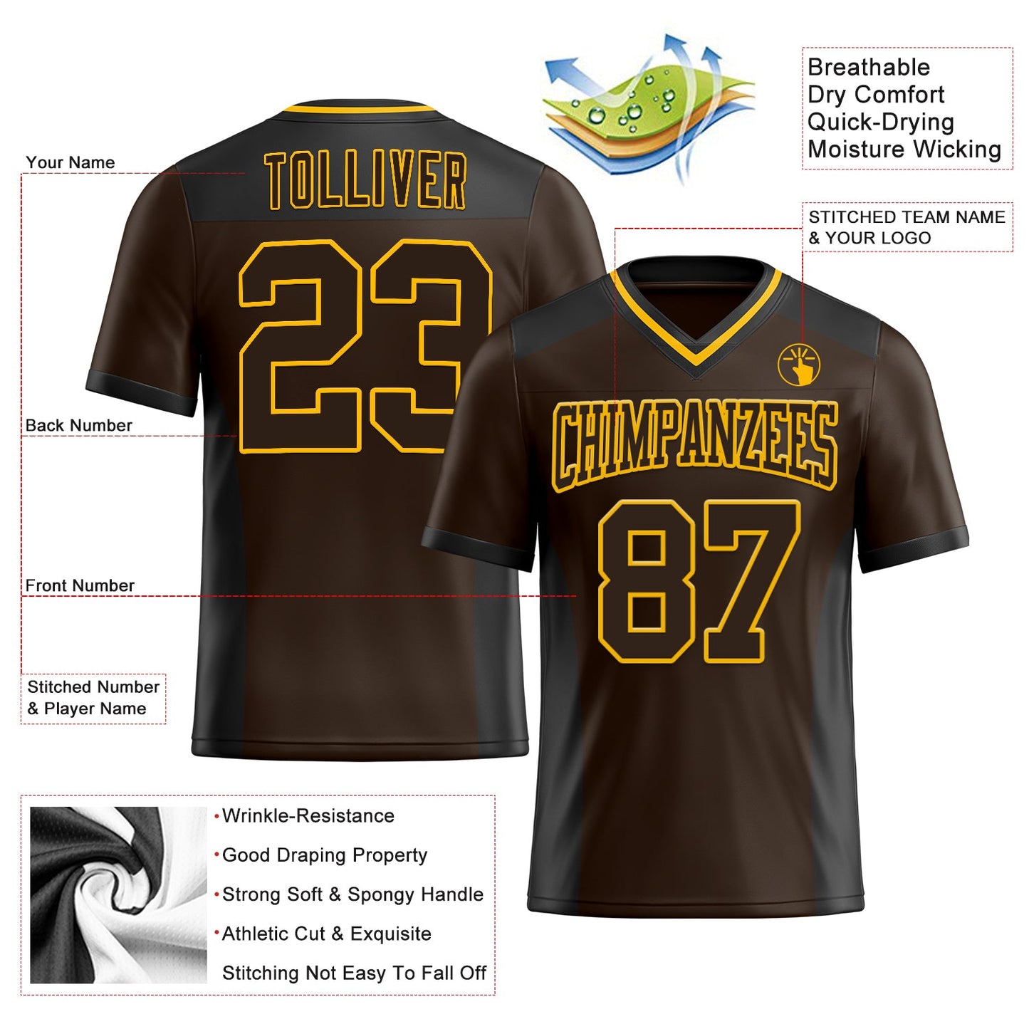 Custom Brown Gold-Black Mesh Authentic Football Jersey - Sky-Custom