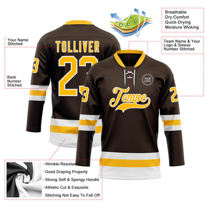 Custom Brown Gold-White Hockey Lace Neck Jersey - Sky-Custom
