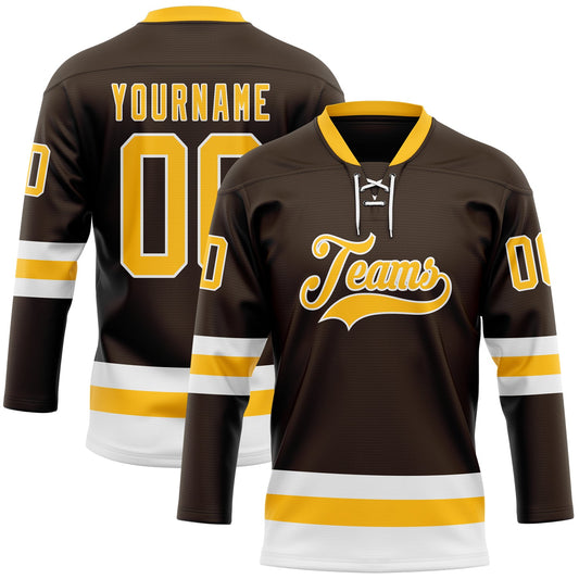 Custom Brown Gold-White Hockey Lace Neck Jersey - Sky-Custom