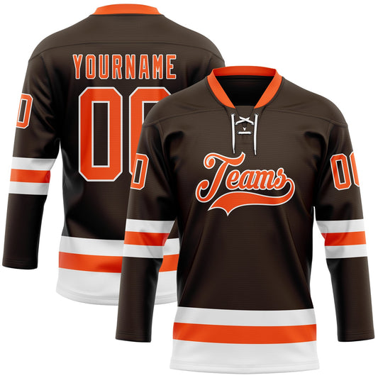 Custom Brown Orange-White Hockey Lace Neck Jersey - Sky-Custom
