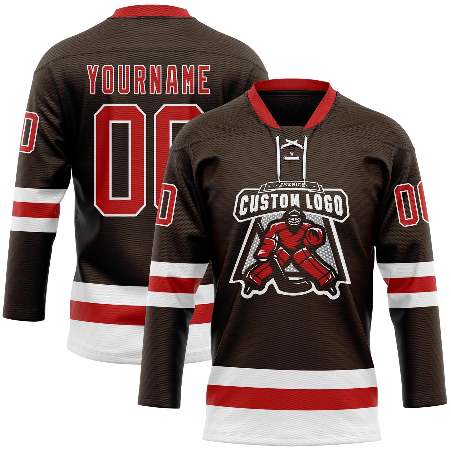 Custom Brown Red-White Hockey Lace Neck Jersey - Sky-Custom