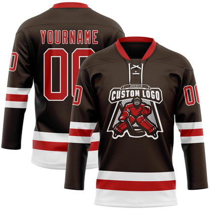 Custom Brown Red-White Hockey Lace Neck Jersey - Sky-Custom