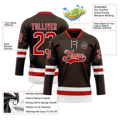 Custom Brown Red-White Hockey Lace Neck Jersey - Sky-Custom
