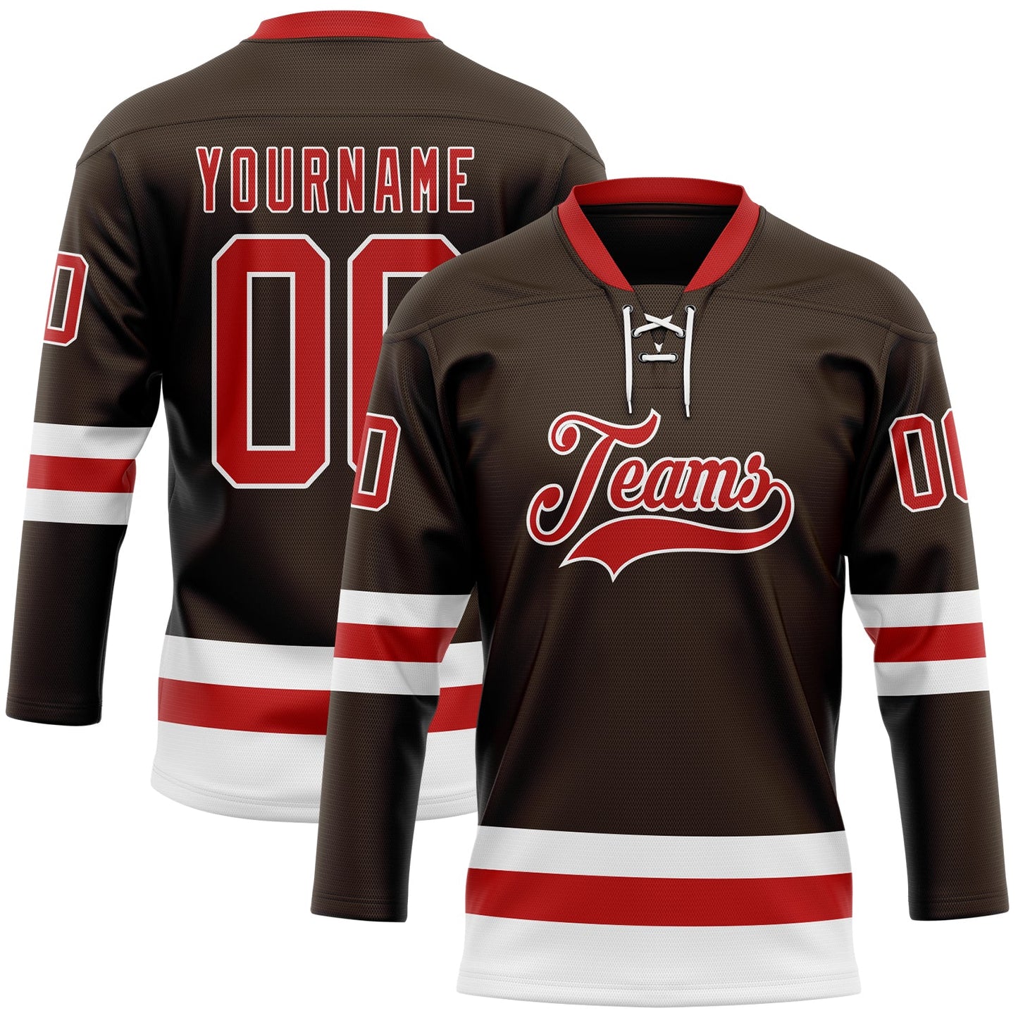 Custom Brown Red-White Hockey Lace Neck Jersey - Sky-Custom