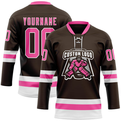 Custom Brown Pink-White Hockey Lace Neck Jersey - Sky-Custom
