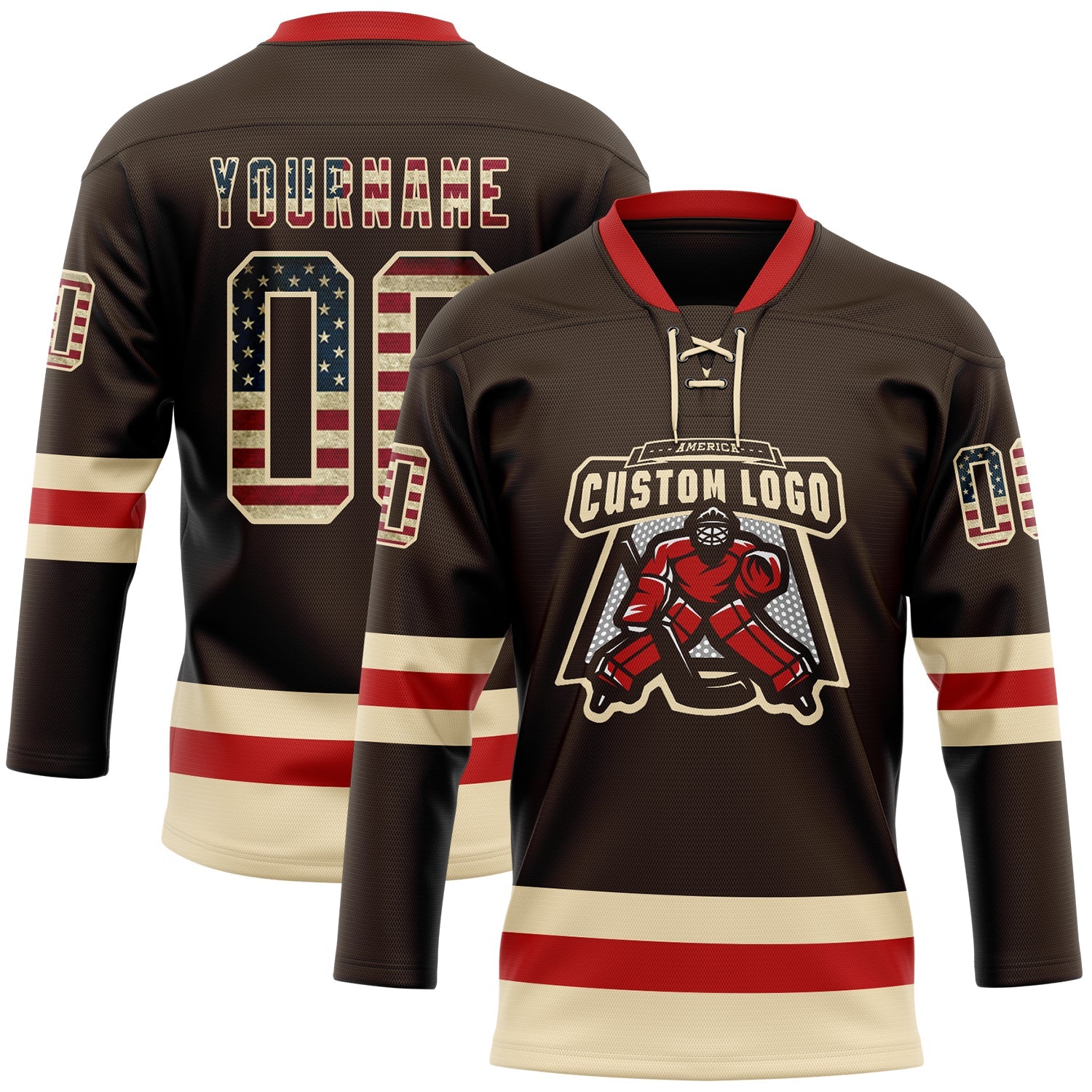 Custom Brown Vintage USA Flag Cream-Red Hockey Lace Neck Jersey - Sky-Custom