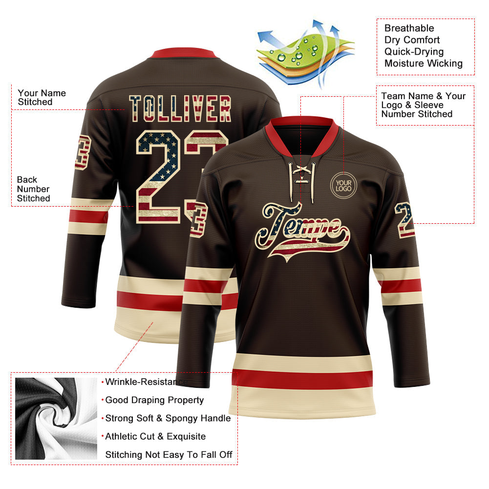 Custom Brown Vintage USA Flag Cream-Red Hockey Lace Neck Jersey - Sky-Custom
