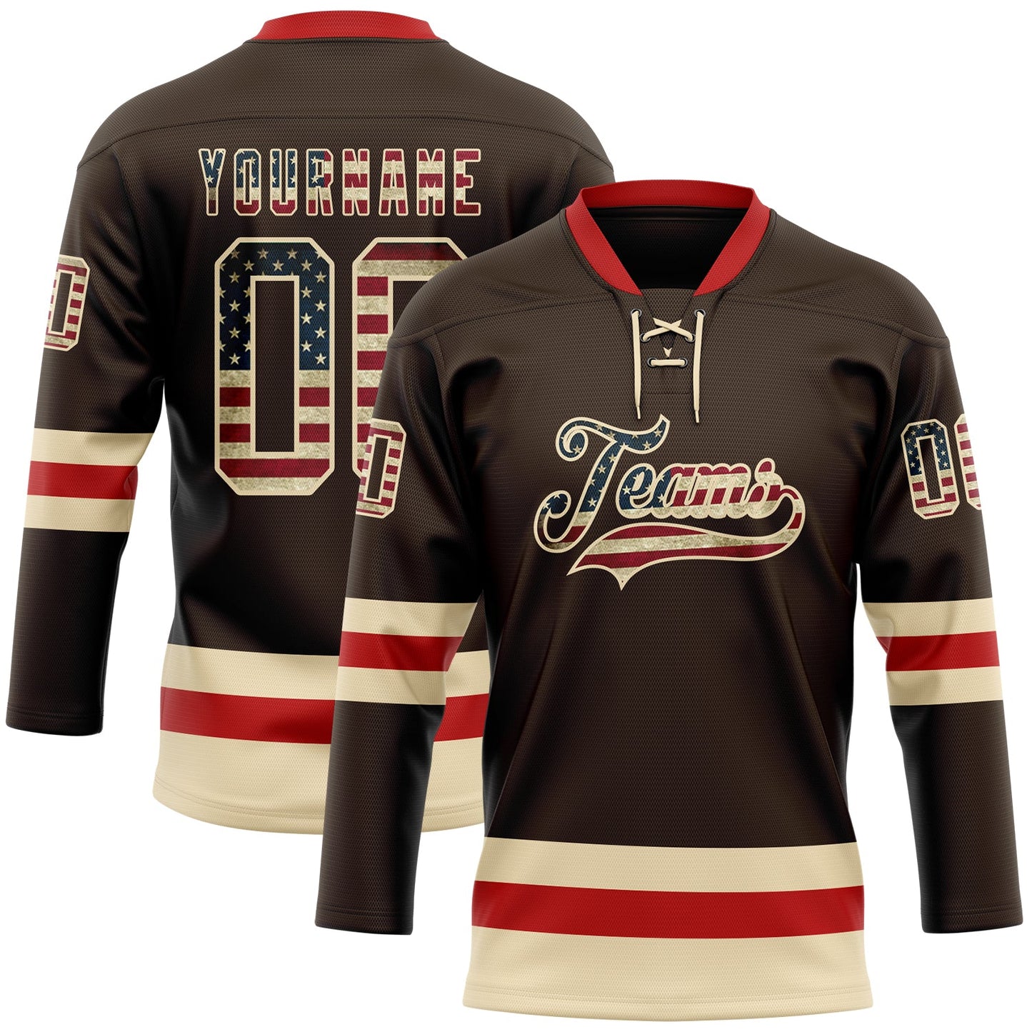 Custom Brown Vintage USA Flag Cream-Red Hockey Lace Neck Jersey - Sky-Custom
