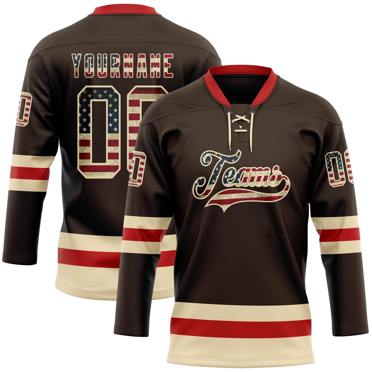 Custom Brown Vintage USA Flag Cream-Red Hockey Lace Neck Jersey - Sky-Custom