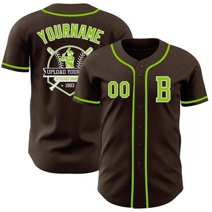 Custom Brown Neon Green-White Authentic Baseball Jersey - Sky-Custom