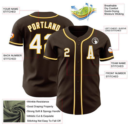 Custom Brown White-Gold Authentic Baseball Jersey - Sky-Custom
