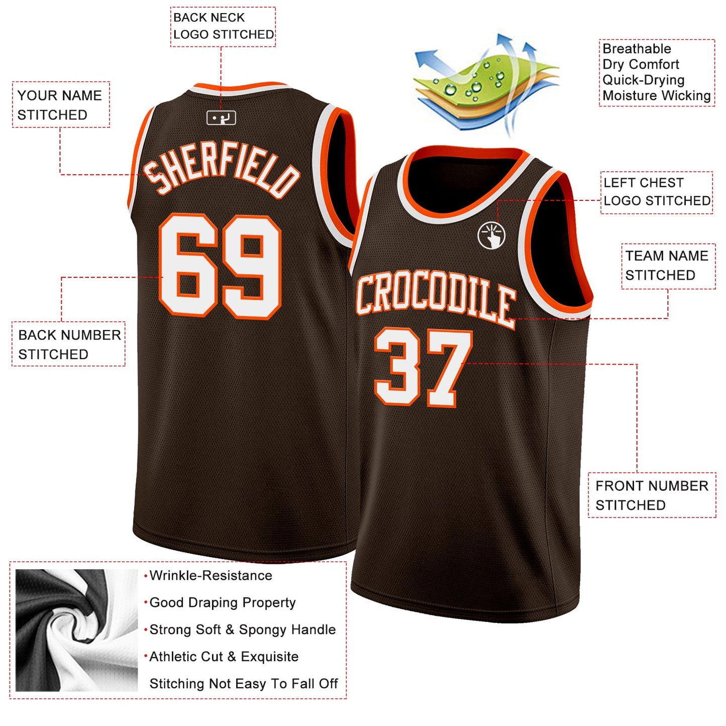 Custom Brown White-Orange Authentic Basketball Jersey - Sky-Custom