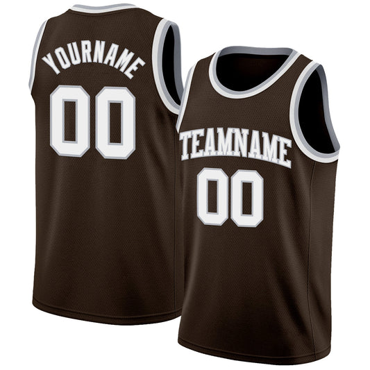 Custom Brown White-Gray Authentic Basketball Jersey - Sky-Custom
