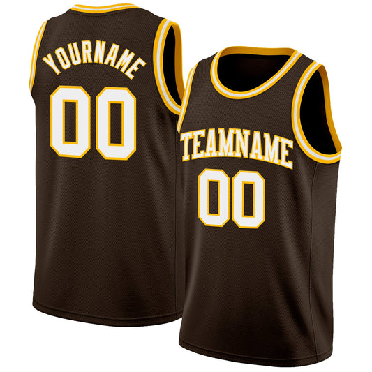 Custom Brown White-Gold Authentic Basketball Jersey - Sky-Custom
