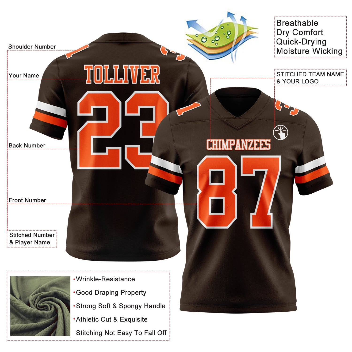 Custom Brown Orange-White Mesh Authentic Football Jersey - Sky-Custom