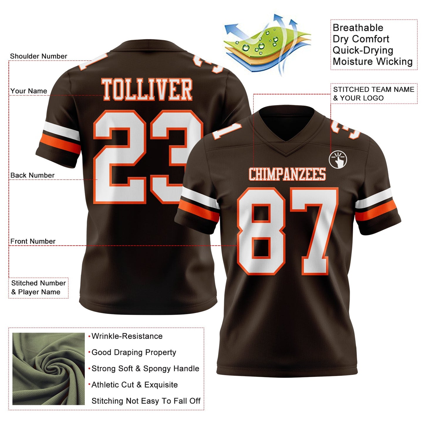 Custom Brown White-Orange Mesh Authentic Football Jersey - Sky-Custom