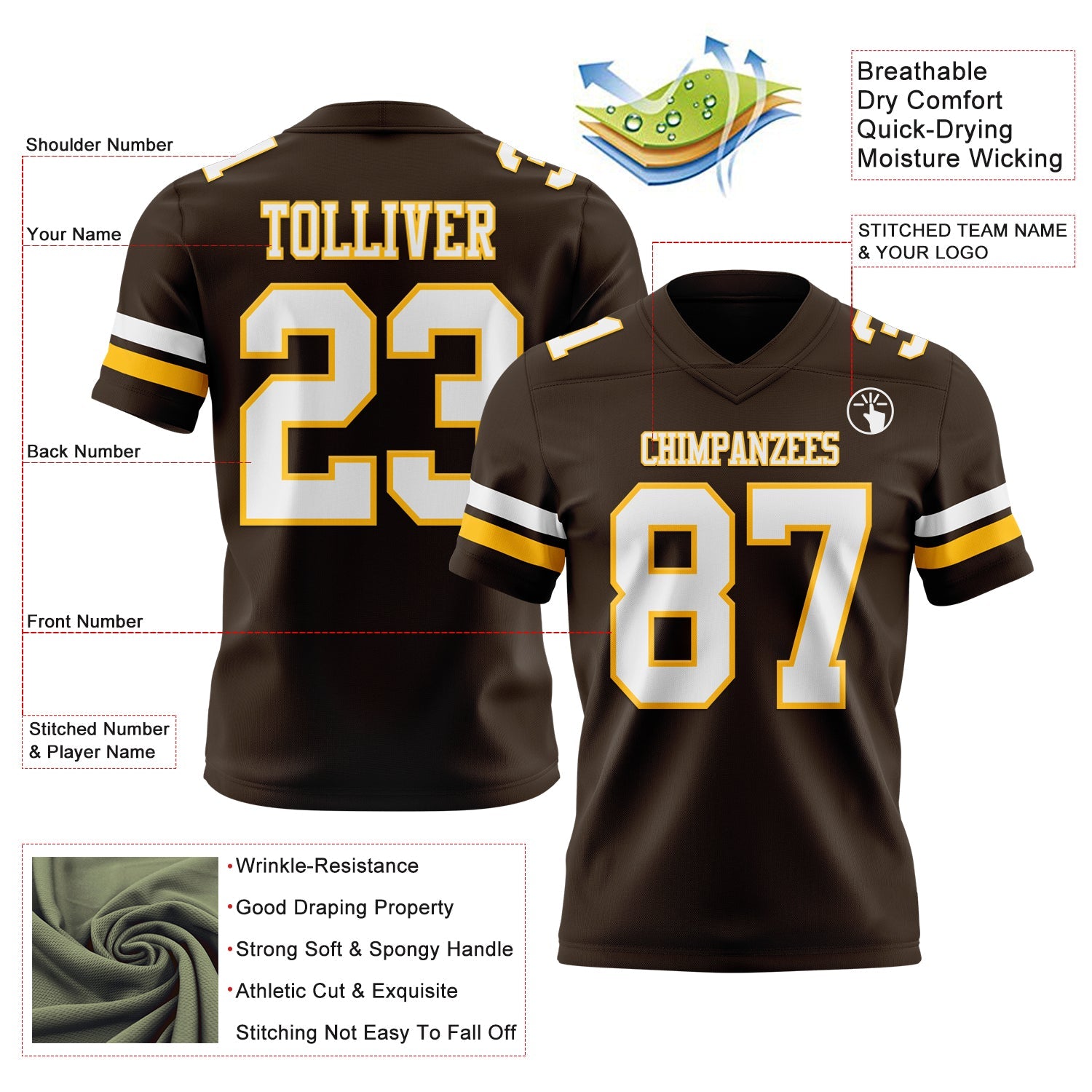 Custom Brown White-Gold Mesh Authentic Football Jersey - Sky-Custom
