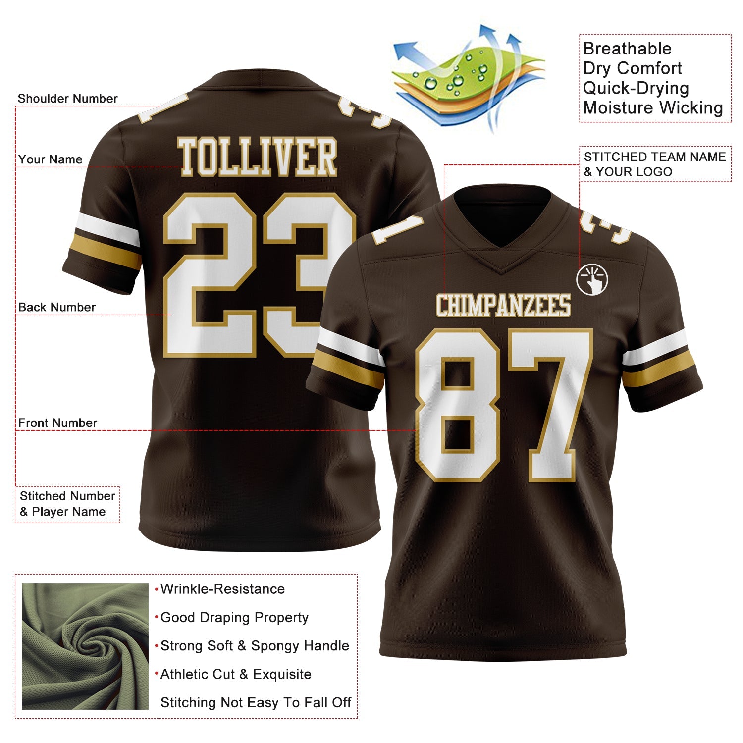 Custom Brown White-Old Gold Mesh Authentic Football Jersey - Sky-Custom