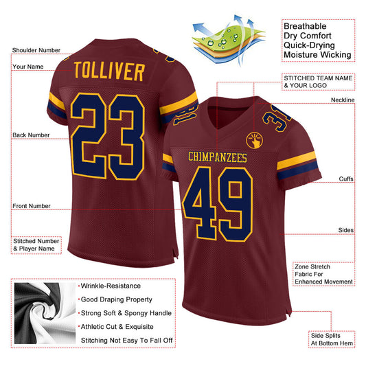 Custom Burgundy Navy-Gold Mesh Authentic Football Jersey - Sky-Custom
