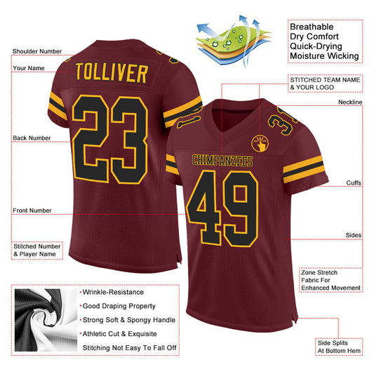 Custom Burgundy Black-Gold Mesh Authentic Football Jersey - Sky-Custom