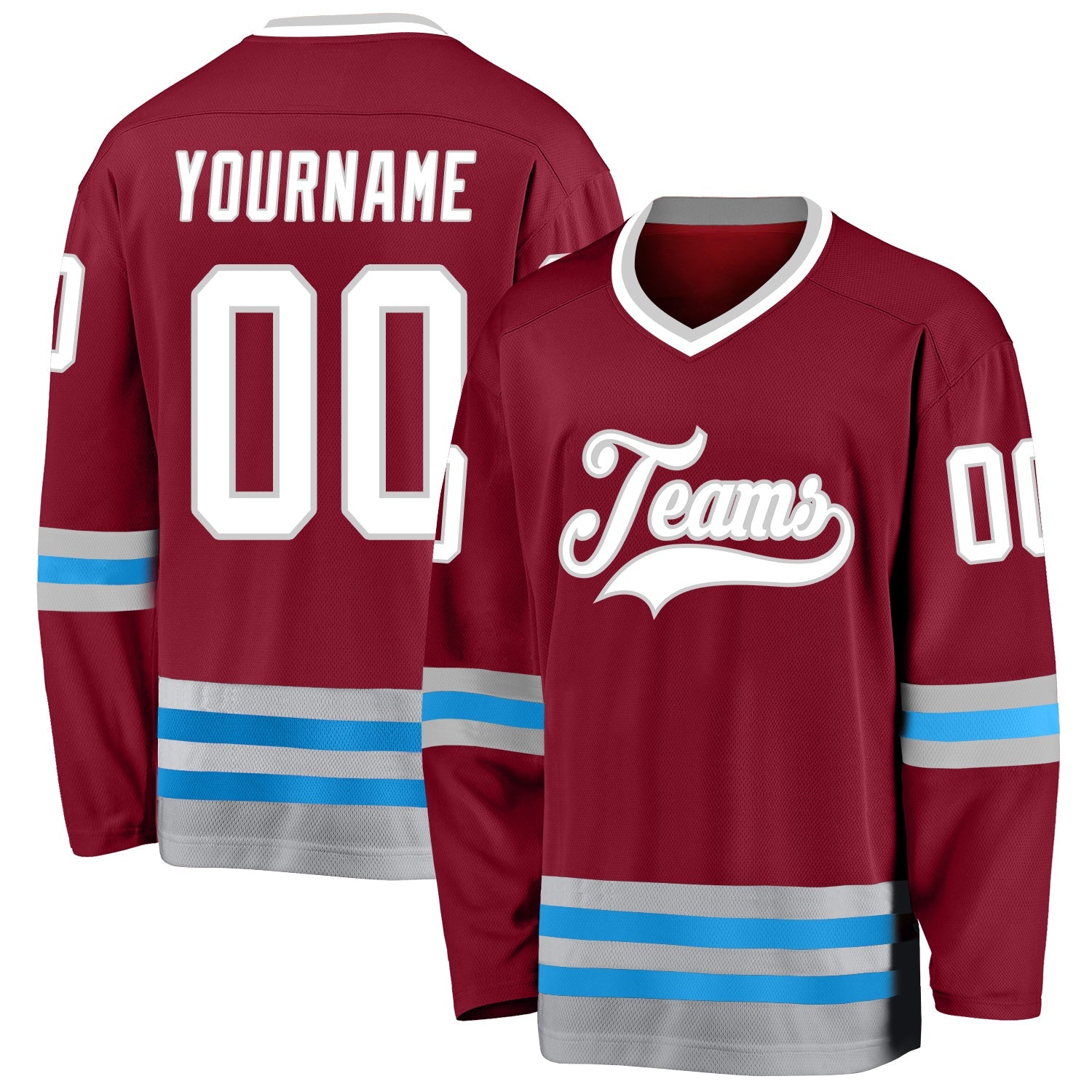 Custom Burgundy White-Blue Hockey Jersey - Sky-Custom
