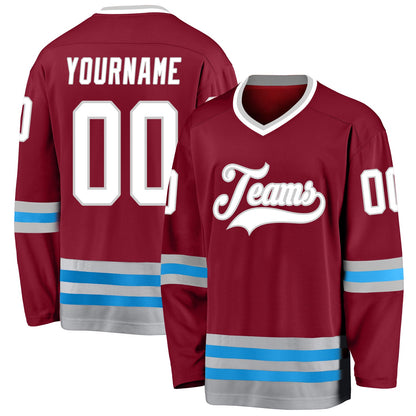 Custom Burgundy White-Blue Hockey Jersey - Sky-Custom