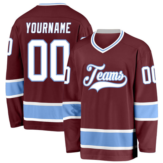 Custom Burgundy White-Light Blue Hockey Jersey - Sky-Custom