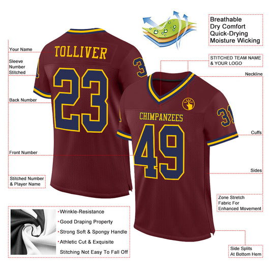 Custom Burgundy Navy-Gold Mesh Authentic Throwback Football Jersey - Sky-Custom