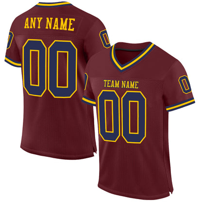 Custom Burgundy Navy-Gold Mesh Authentic Throwback Football Jersey - Sky-Custom