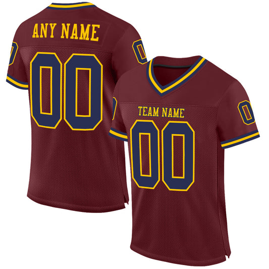 Custom Burgundy Navy-Gold Mesh Authentic Throwback Football Jersey - Sky-Custom