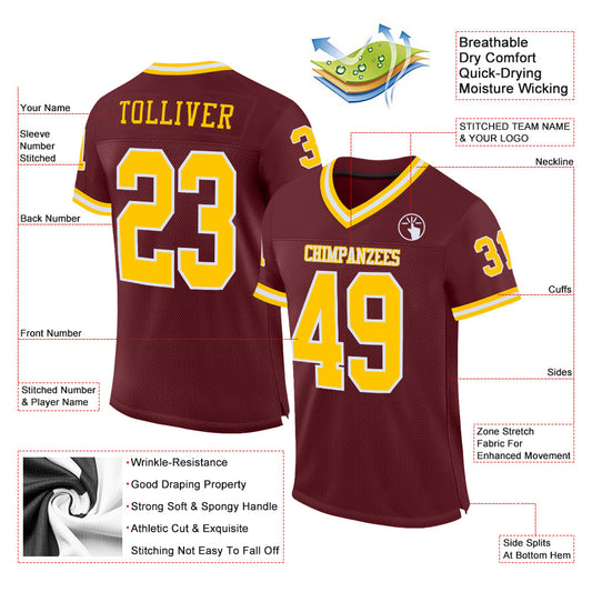 Custom Burgundy Gold-White Mesh Authentic Throwback Football Jersey - Sky-Custom