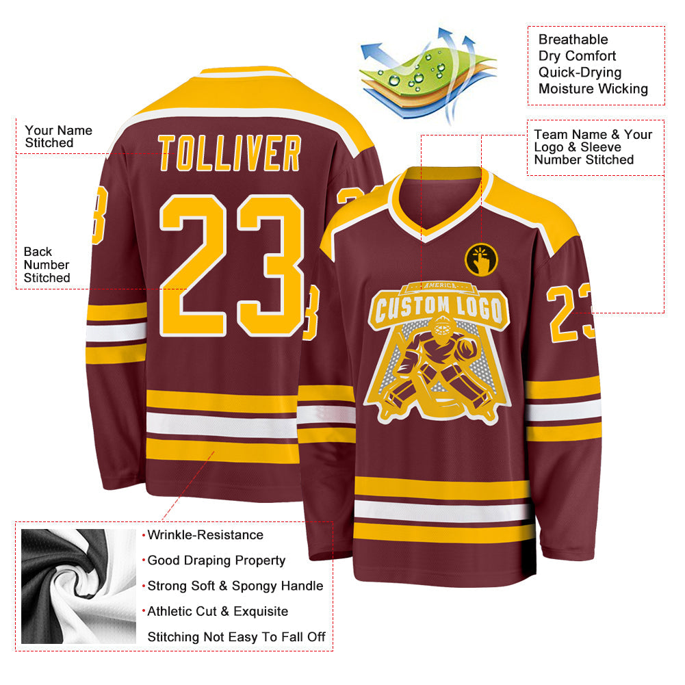 Custom Burgundy Gold-White Hockey Jersey - Sky-Custom