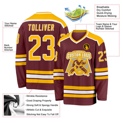 Custom Burgundy Gold-White Hockey Jersey - Sky-Custom