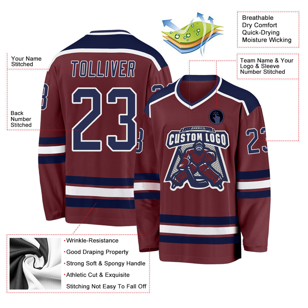 Custom Burgundy Navy-White Hockey Jersey - Sky-Custom