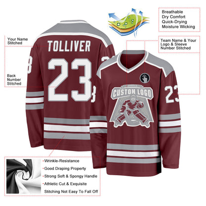Custom Burgundy White-Gray Hockey Jersey - Sky-Custom