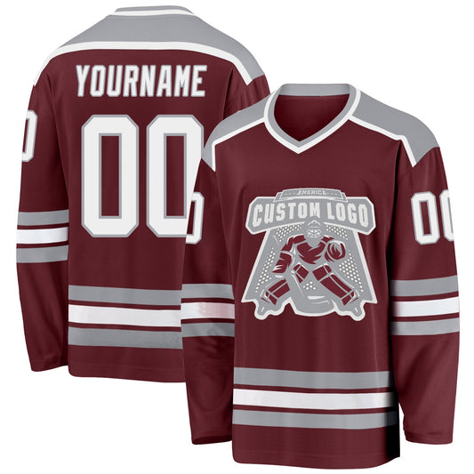 Custom Burgundy White-Gray Hockey Jersey - Sky-Custom