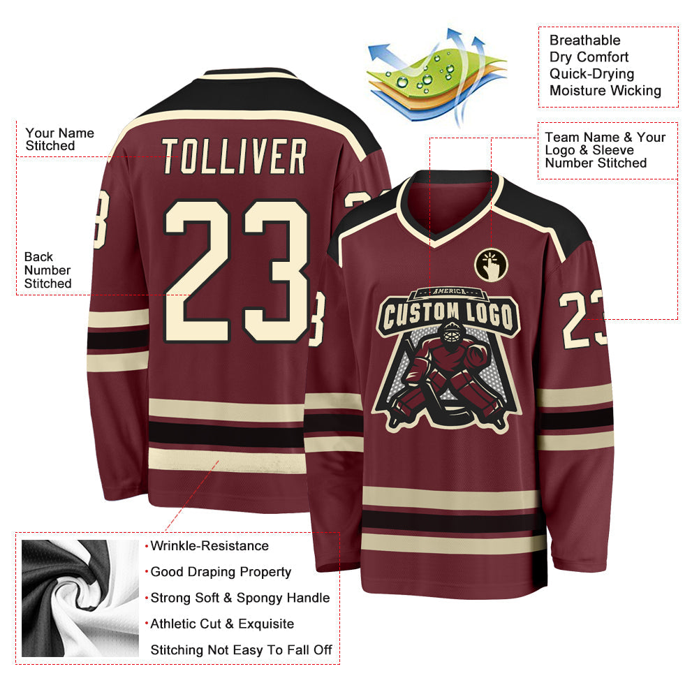 Custom Burgundy Cream-Black Hockey Jersey - Sky-Custom