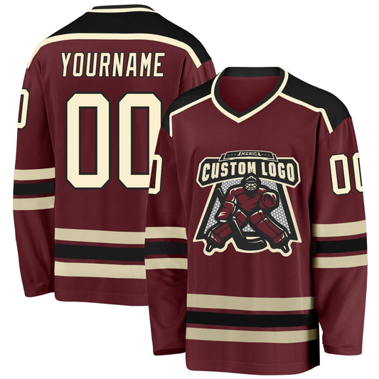 Custom Burgundy Cream-Black Hockey Jersey - Sky-Custom