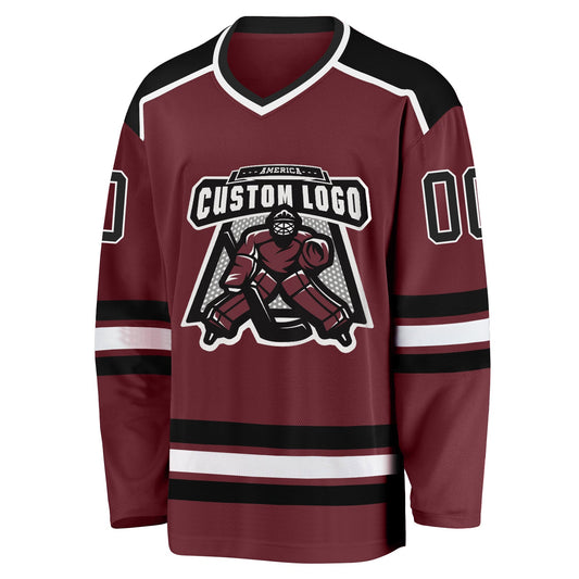 Custom Burgundy Black-White Hockey Jersey - Sky-Custom