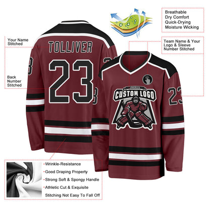 Custom Burgundy Black-White Hockey Jersey - Sky-Custom