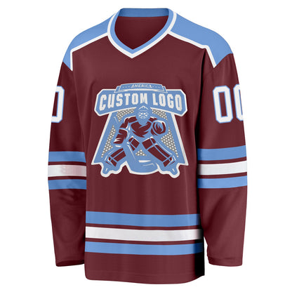 Custom Burgundy White-Light Blue Hockey Jersey - Sky-Custom